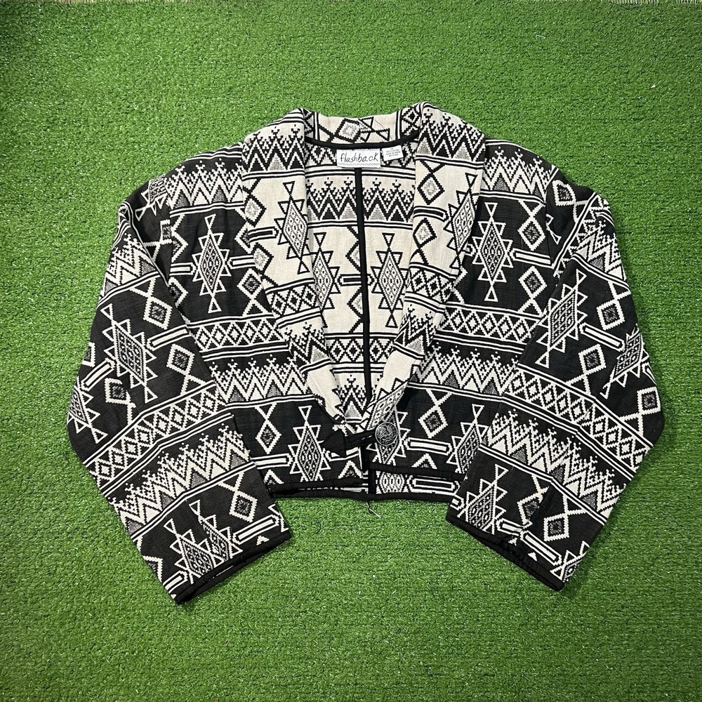 Vintage Women's Western Blazer M Cropped Southwest Aztec Print Dark Grey Cream